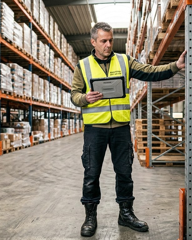 Fachkundige Inspektion eines Lagerregals mit digitalem Prüftablet