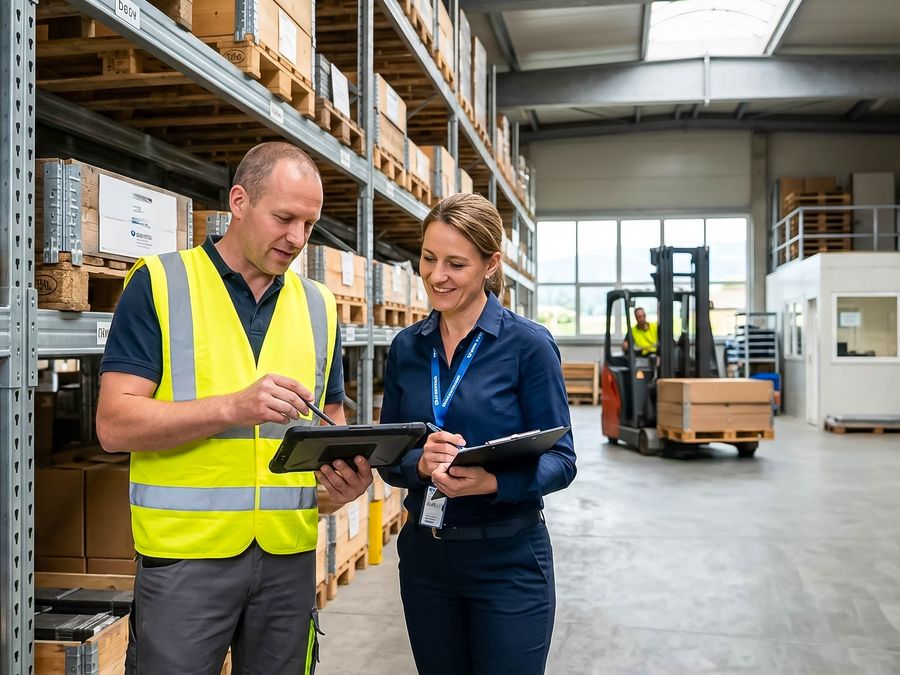 Beratungsgespräch zu Regalanlagen und Sicherheitsvorschriften im Lager